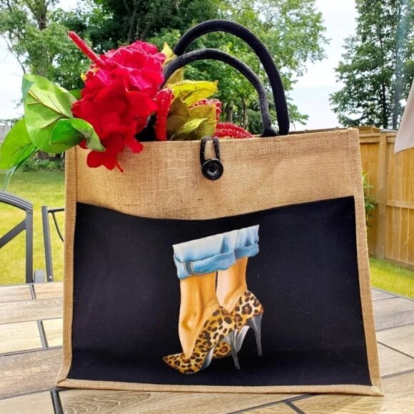 Custom Canvas Tote Bag, Large Size - Cheetah Heels Theme, Black or Cream Tote - Picture 4 of 16